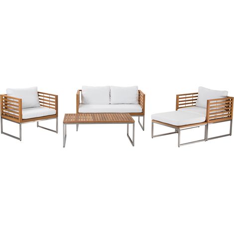 Conjunto de jardín de madera de acacia con cojines blancos para 4 personas Bermuda