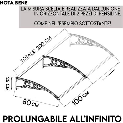Pensilina Tettoia in Policarbonato Trasparente e Satinato con Braccetti Rinforzati Trasparente 200x80