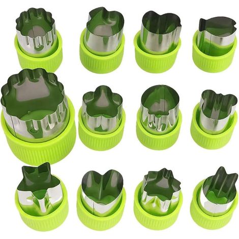 12-teiliges Ausstechformen-Set aus Edelstahl mit PP-Handschutz, Obst- und Gemüseformen, Bento-Dekorationsmesser, Küchenwerkzeug zum Schneiden und Schnitzen von Formen – Grün