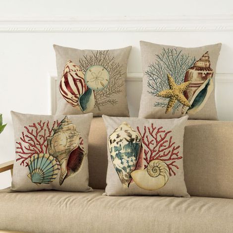 4 Pcs Housses de Coussin 45 x 45 cm, Carré Décoratif Taie d'oreiller Canapé Housse Coussin océan Conque, Coquillage Imprimé Motif Animal Lin Décoration Maison pour Chambre Salon Bureau