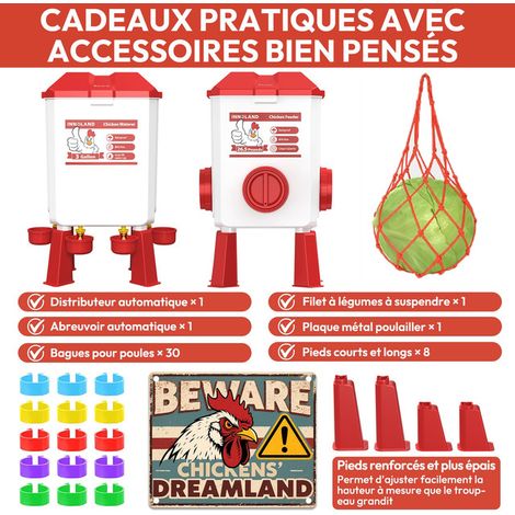 Kit Mangeoire et Abreuvoir Automatiques pour Poules Distributeur Nourriture 12 kg et Seau d'Eau 11,4 L Anti-Gaspillage Imperméable pour Volaille Basse-Cour