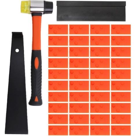 Kit de 43 pièces pour sol stratifié avec marteau ergonomique, entretoises en coin, bloc de butée et tireur pour installation précise et ordonnée (1/5)