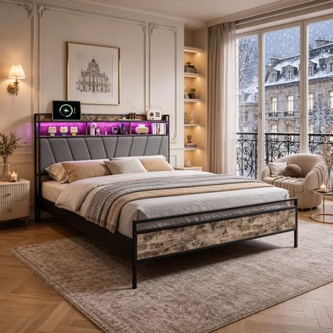 Lit Double 160x200 cm avec LED, Lit Adulte avec port USB et Type-C, Tête de Lit Rembourrée avec Étagères de Rangement, Gris (1/5)