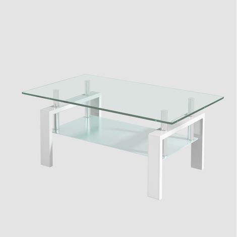 Tavolino da caffè 100x60x44 cm in vetro temperato bianco e metallo, doppio ripiano - CHICFURN (1/5)