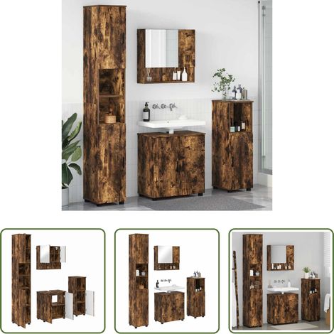 vidaXL Meuble sous-vasque - Ensemble de mobilier de salle de bain 4 pcs Chêne fumé (1/5)