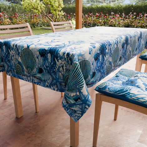 Nappe Anti-Taches Rectangulaire (140 x 300 cm) Couvre-Table de Cuisine, Motif Corail Bleu, X14 Places, 100% fabriquée en Italie (1/4)