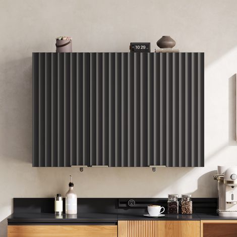 Meuble mural 90 x 29 x 60 cm, placard de rangement, 3 portes, façades texturées, rangement intérieur organisé, structure à assembler, MDF, noir (1/5)
