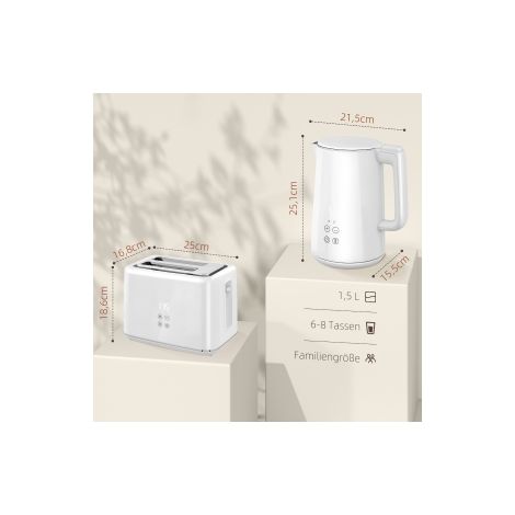 Ensemble petit-déjeuner blanc avec bouilloire 1,5 L et grille-pain 2 fentes, 7 niveaux et arrêt automatique pour cuisine et bureau (1/5)