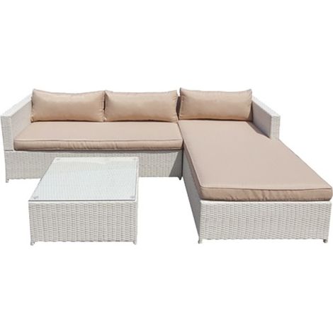 Morning Relax - Salotto da giardino in alluminio e polyrattan divano 2 posti con chaise longe + tavolino con ripiano in vetro 5mm. Divano angolare da giardino + tavolino + cuscini