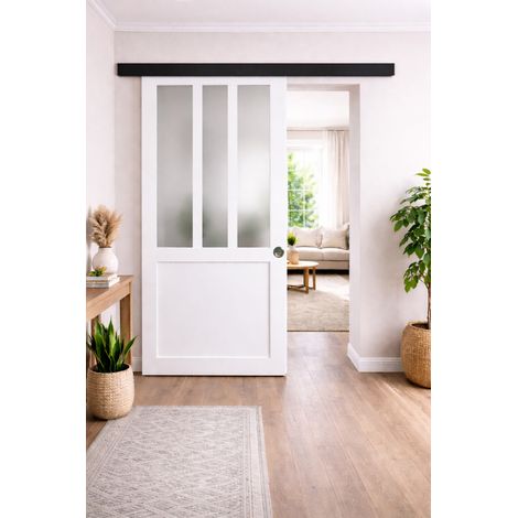 Porta Scorrevole Atelier vetro satinato bianco H204 x L73 + Binario in alluminio nero e 2 gusci