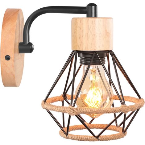 Applique Murale Rétro Lampe Murale Vintage En Fer Et Bois Rétro Cage Design Noir Lampe Murale Interieur Pour Salon Cuisine Couloir (1/4)