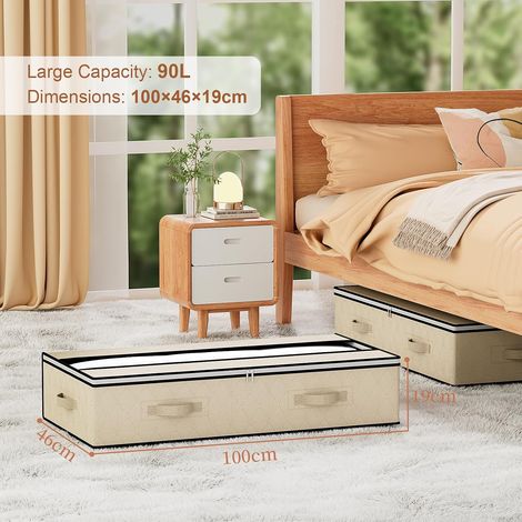 Juego de 3 cajas de almacenamiento para debajo de la cama de 90 litros, bolsas plegables con asas, cremallera y ventana transparente para ropa y edredones (beige) (1/4)