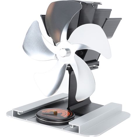 Ventilateur de poêle à bois vertical à 5 pales en alliage d'aluminium, alimenté par la chaleur, avec thermomètre intégré, pour poêle à pétrole et poêle à bois (couleur argent).