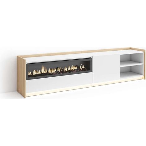 Mueble TV Moclinejo-02 de 207x50x37 cm con chimenea y luces LED, color blanco y roble soft (1/4)