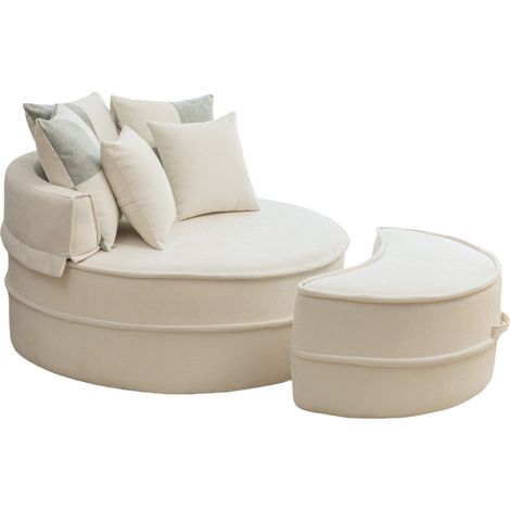 Wohnzimmersessel mit 1 Ottomane und 5 Kissen, aus Chenille und Schaumstoff, Beige (1/5)