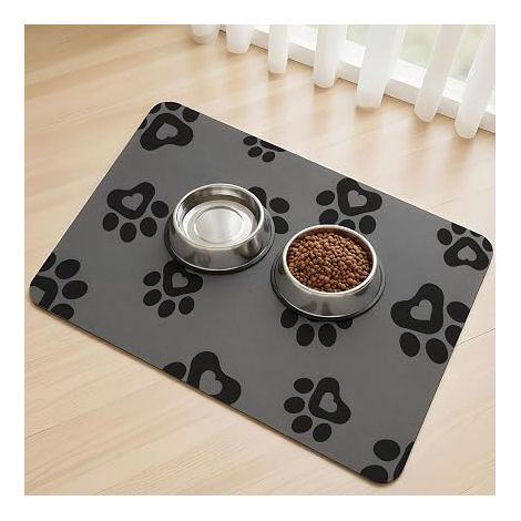 Tapis pour Chien Absorbant - Tapis pour Bols pour Chats et Chiens, Anti-Dérapant, Séchage Rapide (Dark Grey-Heart Paws, 30 x 50 cm) (1/5)