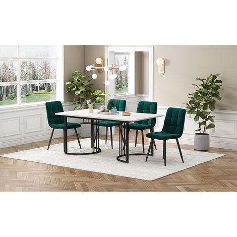 Ensemble repas 5 pièces moderne, table 140x80cm avec 4 chaises velours vert foncé, plateau MDF blanc, pieds métal noir.