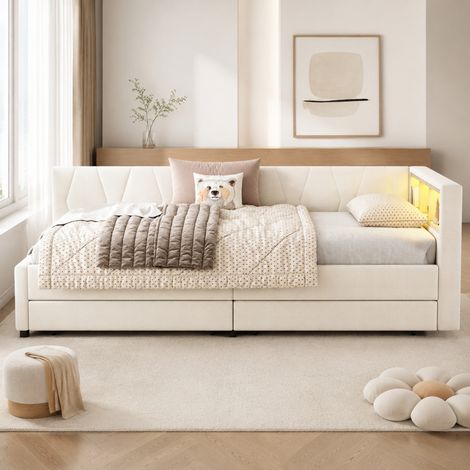 Sofá cama 90x200 cm con LED multicolor, USB y USB-C, 2 cajones y huecos de almacenaje, tapizado en lino beige con estructura de MDF para dormitorio - CHICFURN (1/5)