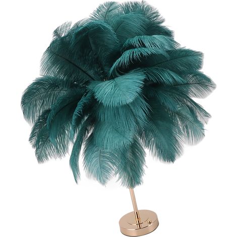 Lampe de table en plumes d'autruche rechargeable, moderne, décoration romantique, lampe de chevet vert foncé pour chambre à coucher. (1/5)