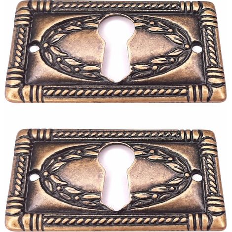 2x entrée de clé laurier horizontale 25x43mm malle meuble ancien vintage antique époque finition bronze (1/3)
