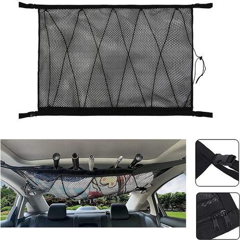 Filet de rangement pour toit de voiture, organisateur multifonctionnel avec fermeture éclair, sac à bagages universel pour quatre accoudoirs de toit de SUV et fourgonnettes (cordon de serrage) (1/5)