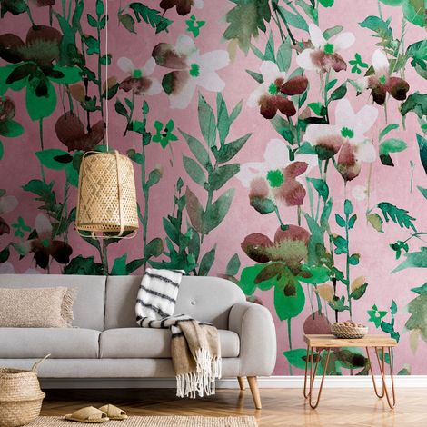 Fototapete Profhome 382731 heißgeprägte Vliestapete glatt mit Blumen-Muster matt grün rosa weiß braun 3,71 m x 2,8 m