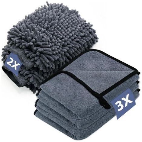 40x30cm Kit Nettoyage Voiture, avec 3 Pièces Chiffon Microfibre Voiture et 2 Pièces Gant Lavage Voiture, 600 GSM Chiffon Microfibre Sechage Voiture,