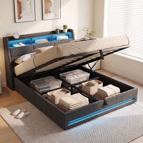 Lit coffre 140 x 200 avec Sommier à Lattes, Lit capitonné avec rangement, Lit rangement Étagères Ouvertes et Rangement Caché, Lit double, Lin (1/5)