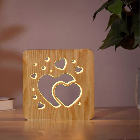 Veilleuse en bois en forme de cœur pour la Saint-Valentin, décoration chaleureuse pour la chambre à coucher, lumière LED USB (1/5)