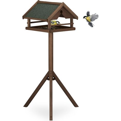 Relaxdays Free-Standing Birdhouse, Bird Feeder Table, HxWxD: 120 x 62 x 55 cm, Weatherproof Roof, Wood, Brown (1/5)