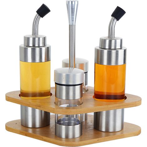 Set aus durchscheinenden Gewürzgläsern aus Edelstahl mit Holzständer für die Küche (1/5)