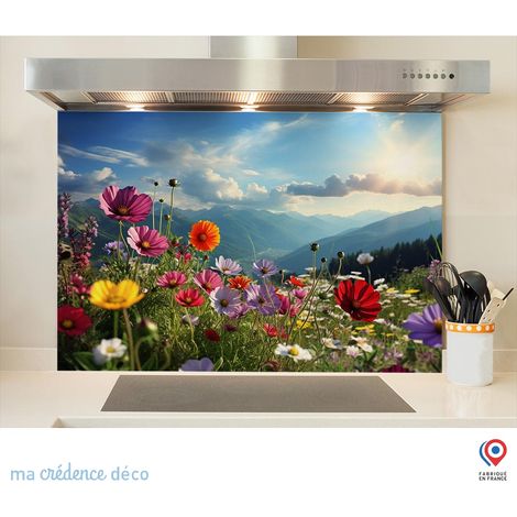 Fond de hotte : Fleurs et montagnes - Verre trempé - 90 cm - 60 cm