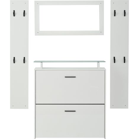 Set de recibidor 4 piezas con zapatero, espejo y 8 ganchos 89,5x23x96,5 cm blanco (1/5)