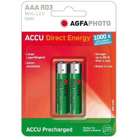 AgfaPhoto Direct Energy - Batteria ricaricabile (950 mAh, Nichel-idruro metallico (NiMH), 1,2 V, AAA) Verde