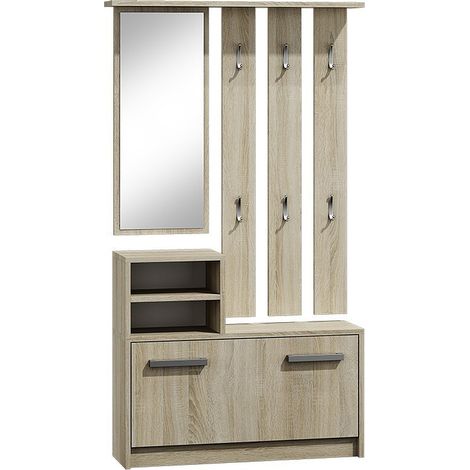 Topeshop – Meuble d'entrée avec miroir et rangement chaussures – 180x85x24 cm – 6 crochets – Panneaux mélaminés durables – Pour 9 paires de chaussures