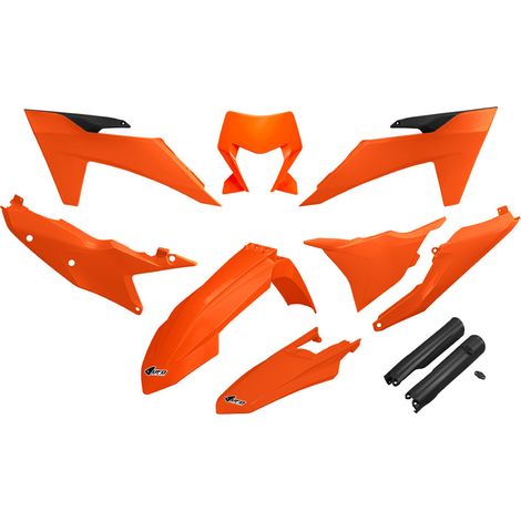 Kit completo di plastiche UFO 2024/11 con protezioni telescopiche (ammortizzatori) per KTM EXC 150 / 250 / 300 TBI '24-'25, EXC-F 250 / 350 / 450 / 500 '24-'25, colore originale '25 (arancione / nero)