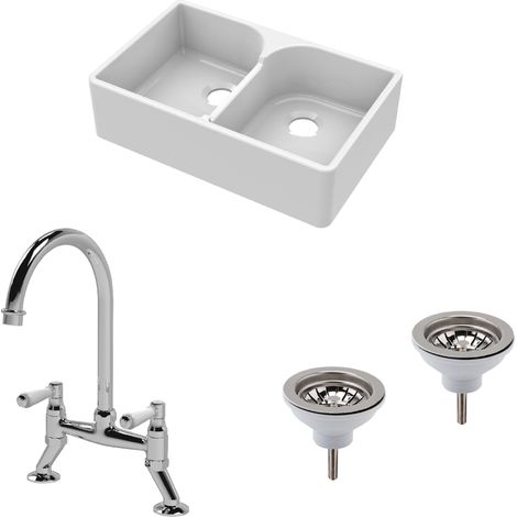 Fireclay Kitchen Bundle - 2 Bowl Stepped Weir Butler Sink, Wastes & Bridge Lever Tap, 795mm - Chrome (1/5)