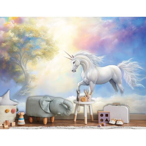 Vlies Fototapete Kinderzimmer 150x105 cm Einhorn - Fototapeten Tapeten für Kinder Mädchen - Kindertapete - Kinderzimmertapete Fantasie Tiere Wolken Baum, WallArena (1/4)
