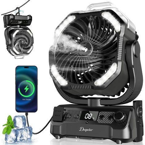 Ventilateur Camping Silencieux avec Lumière, Ventilateur Sans Fil Portable, Mist Fan Batterie Rechargeable 20000mAh avec Rotation et Minuterie, Crochet de Suspension pour Car Extérieur Bureau - Noir (1/5)