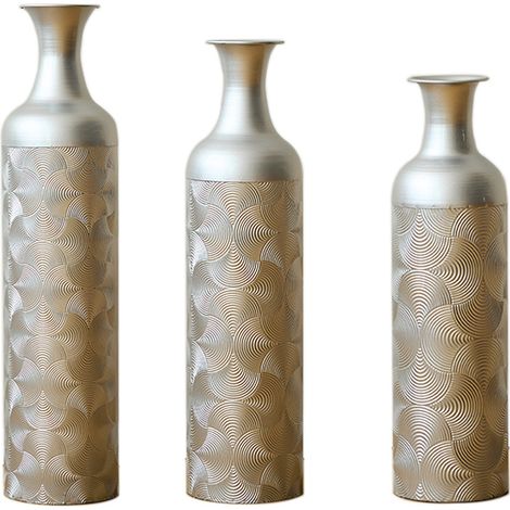 Vases de sol décoratifs en métal argenté, set de 3 hauteurs 50/66/83 cm, motif ondulé moderne pour salon et entrée, CHICFURN (1/5)