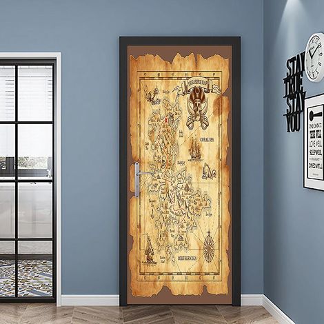 Sticker mural 3D motif carte marine pirate pour porte, salon, cuisine, chambre, salle de bain (1/5)