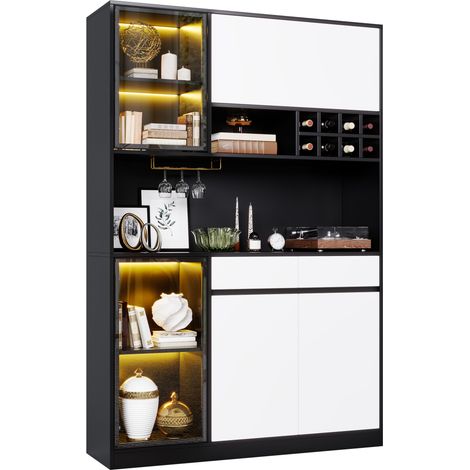 Buffet haut LED noir et blanc avec vitrine en verre, casier à bouteilles, rangements ouverts et fermés, meuble de salon et salle à manger  CHICFURN (1/5)