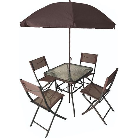 TRADE SHOP - Set Giardino Sharm Tavolo Con Ripiano Vetro 70x70cm 4 Sedie Pieghevoli Ombrellone Parasole - Marrone