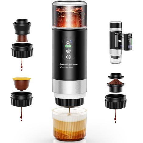 Machine à Café Portative pour Voiture,Cafetière de Voyage avec Chauffage Électrique USB-C,Compatible avec Capsules NS et Café Moulu,80ml Mini Cafetière pour Camping,Bureau et Randonnée (1/5)