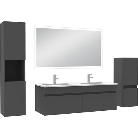 Océan Ensemble meuble Salle de Bain 120cm avec double vasque + colonne + miroir lumineux dimmable anthracite (1/5)