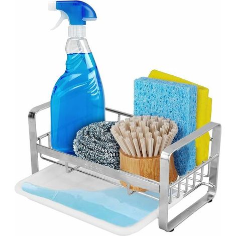 Porte Eponge Evier Cuisine, Organisateur evier Support Eponge evier Cuisine avec Bac de Vidange Organisateur Evier de Cuisine en Acier Inoxydable 18 X 10 X 8 cm (1/5)