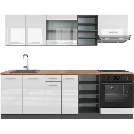 Mueble de cocina R-Line, Blanco brillo/antracita, 240 cm , ET Roble, Vicco