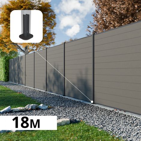 Kit Clôture Composite RIO Platines 18x1,8m - Bois composite & Aluminium - Poteaux sur Platines Gris - Brise vue