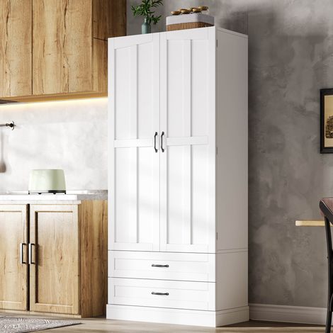 Buffet de cuisine haut blanc en MDF, 3 étagères coulissantes, 2 tiroirs et portes (1/5)