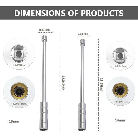 Douille à bougie extensible 14 mm et 16 mm, paroi mince 12 pans, entraînement 3/8". Outil d'extraction compatible avec bougies d'allumage. (1/5)